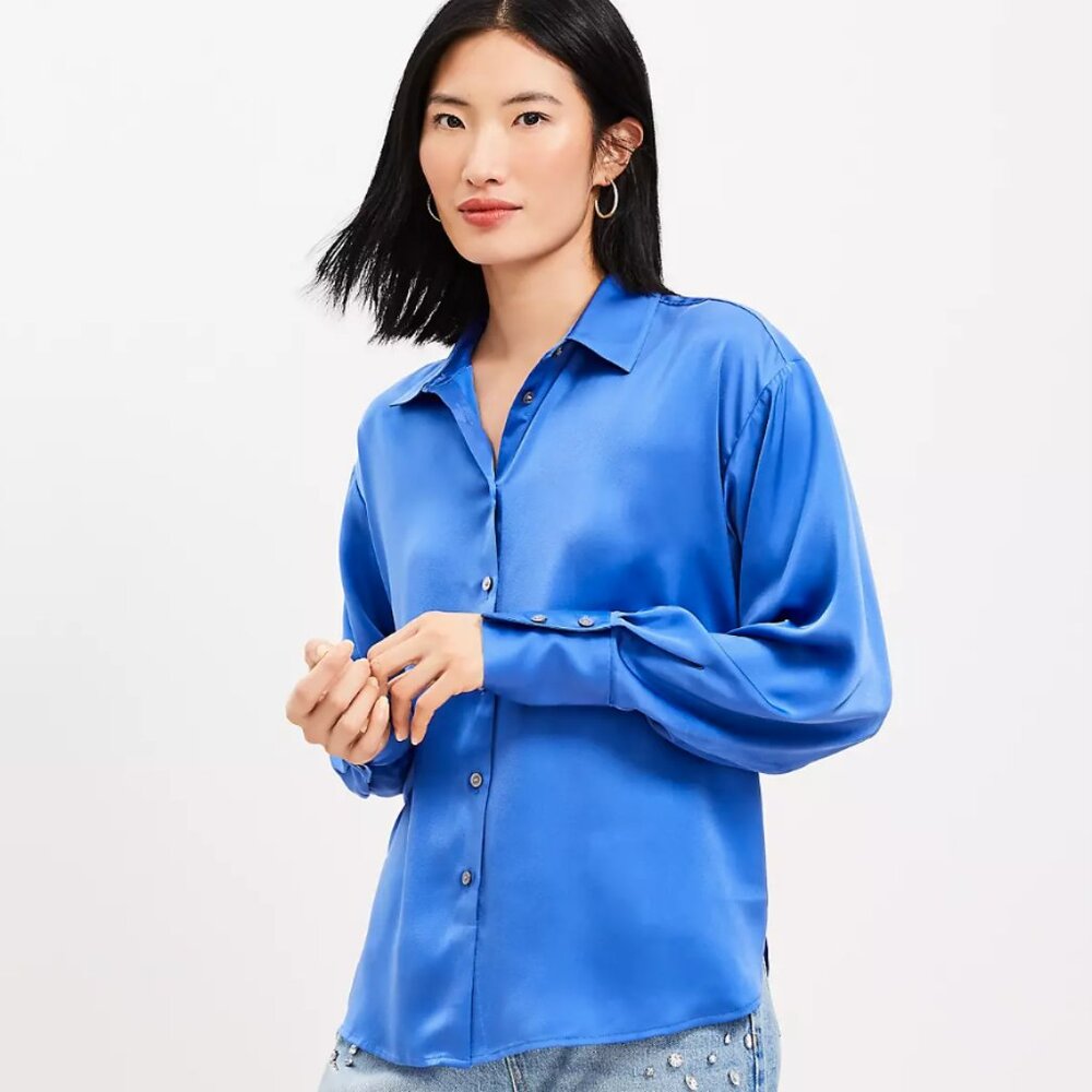 🌟 Ann Taylor LOFT Satin Everyday Shirt – Sapphire Blue‎ (NEW WITH TAG) 🌟